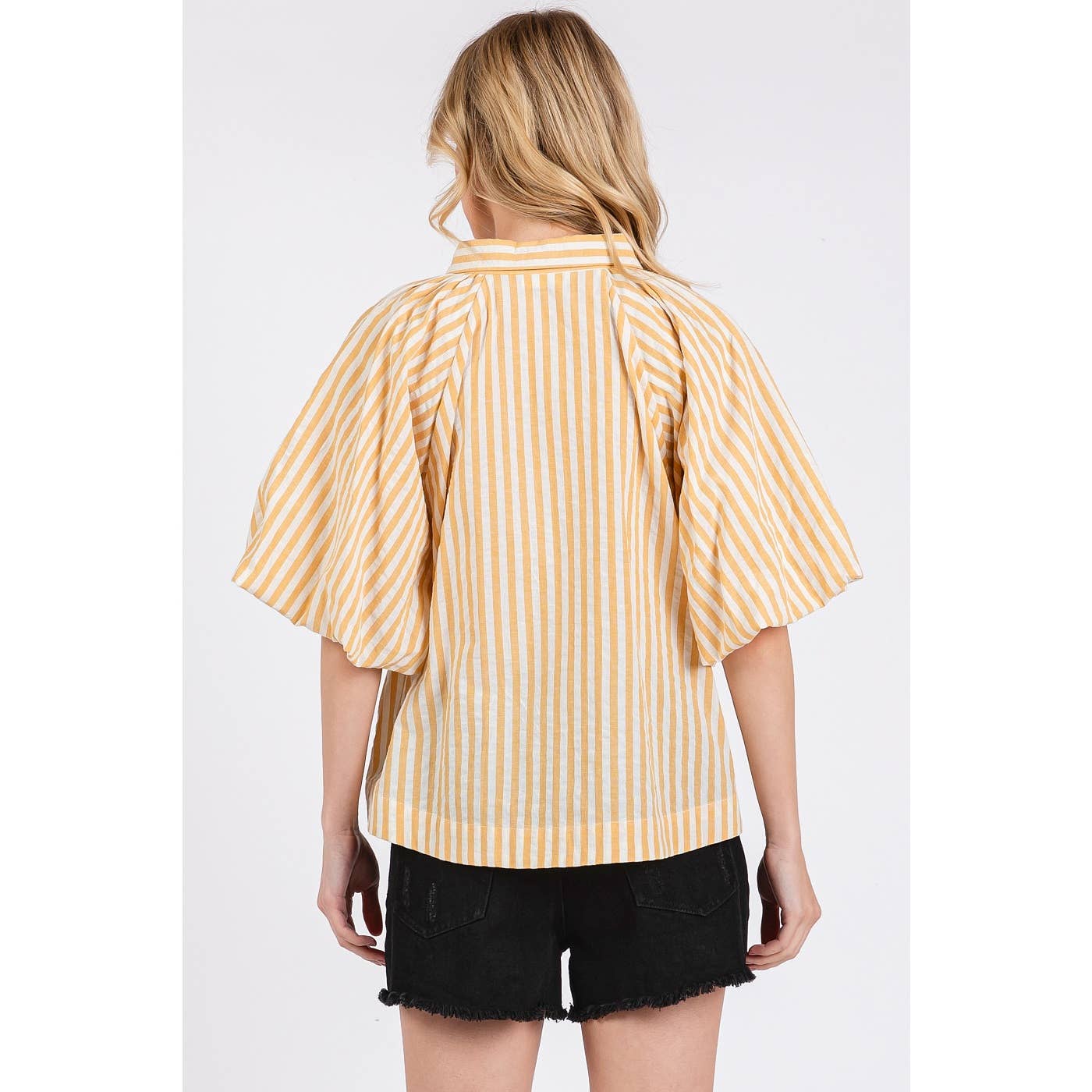STRIPED PRINT SHORT PUFF SLEEVE BUTTON UP SHIRT: MUSTARD / M