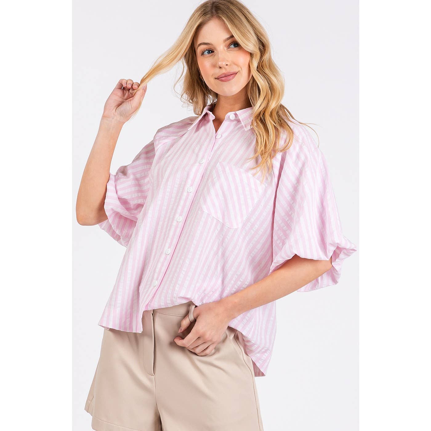 STRIPED PRINT SHORT PUFF SLEEVE BUTTON UP SHIRT: MUSTARD / M
