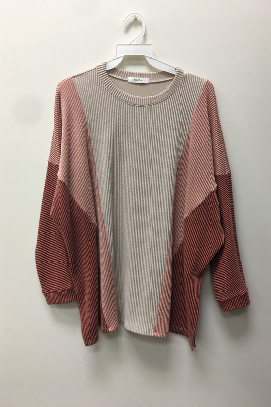 color block ribbed l/s round neck top