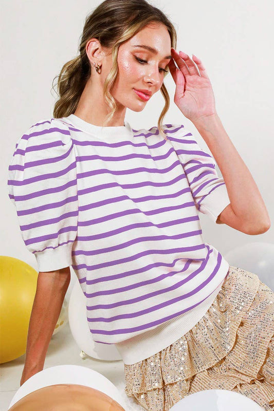 Crew Neck Puff Short-Sleeve Stripe Sweater Top VT81344A: S / Lavender