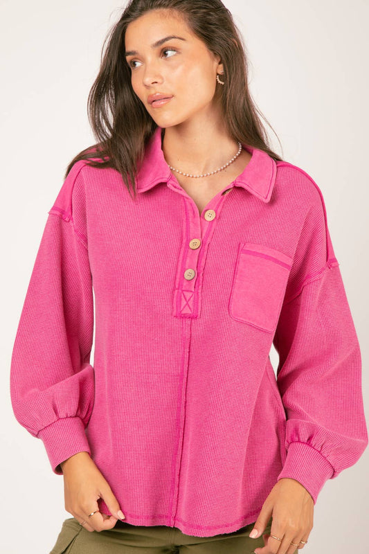 NT11159-Button Down Collared Washed Henley Comfy Knit Top