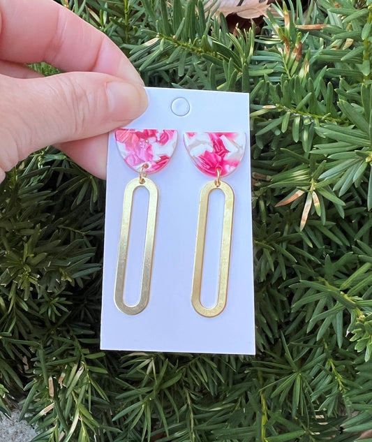 Pink White Gold Oval Acrylic Metal Earrings Valentines