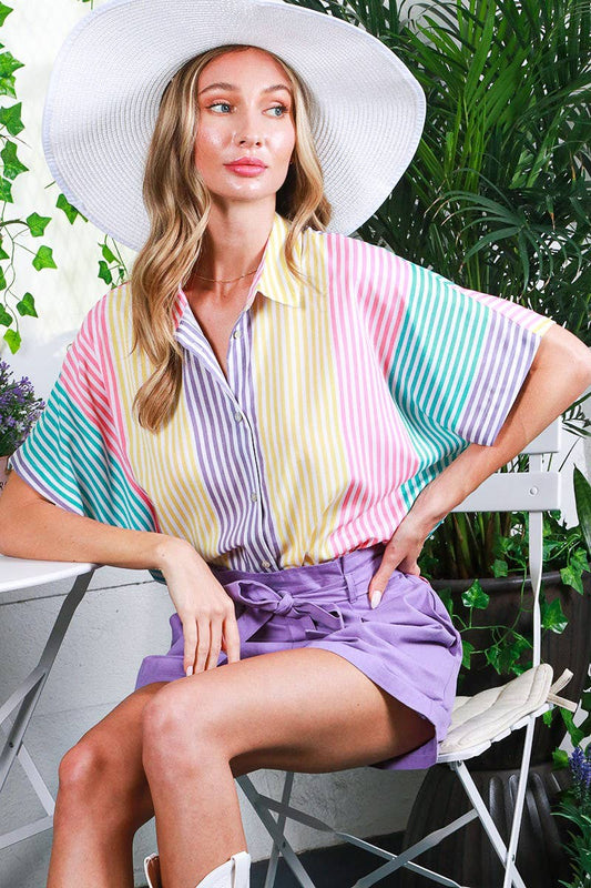Short sleeve stripe blouse top VT81625A: L / Multi