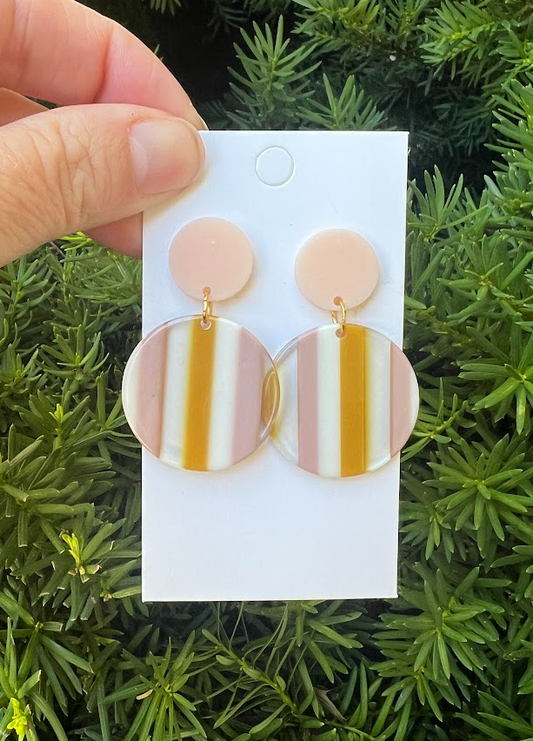 Pink Mustard Yellow Stripe Disc Acrylic Earrings